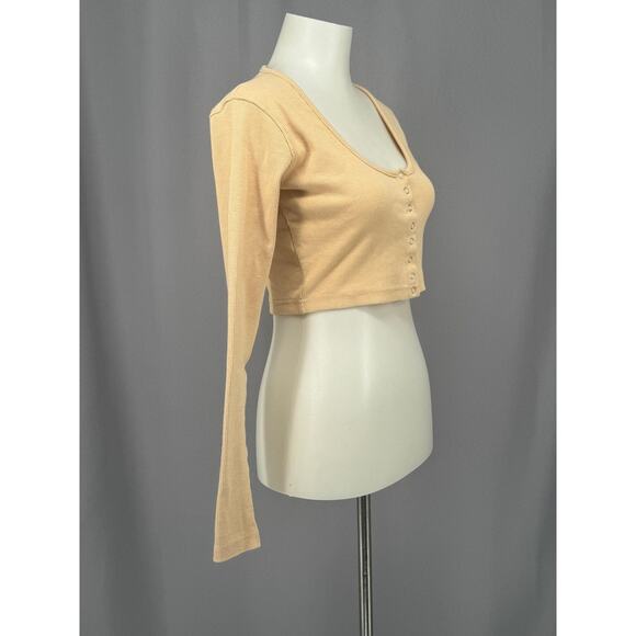 Meshki Cropped Shirt Womens Small Scoop Neck Long Sleeve Slim Top Button Y2K - Picture 3 of 7